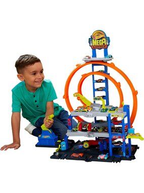 Hot Wheels Mega Loop Garage​​ Track Set with Toy Car & Helicopter